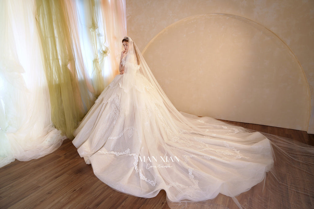 Ethereal Off-Shoulder Crystal Ball Gown Wedding Dress with Cathedral Train & Lace Appliqués
