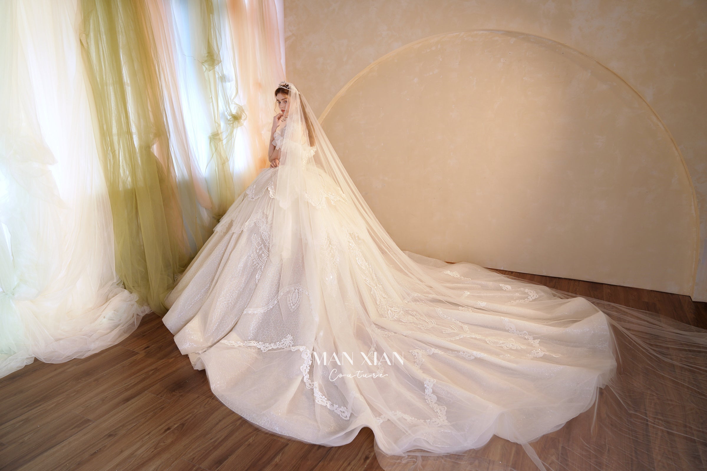 Ethereal Off-Shoulder Crystal Ball Gown Wedding Dress with Cathedral Train & Lace Appliqués