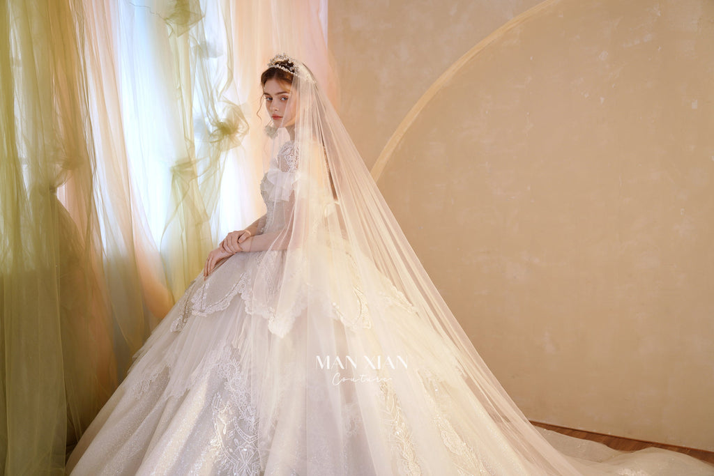 Ethereal Off-Shoulder Crystal Ball Gown Wedding Dress with Cathedral Train & Lace Appliqués