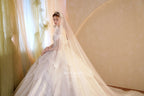 Ethereal Off-Shoulder Crystal Ball Gown Wedding Dress with Cathedral Train & Lace Appliqués