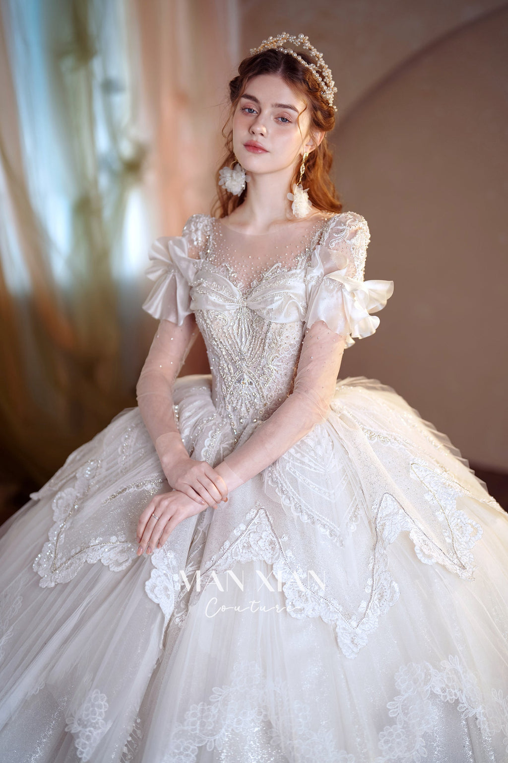 Ethereal Off-Shoulder Crystal Ball Gown Wedding Dress with Bow Detail & Cathedral Train