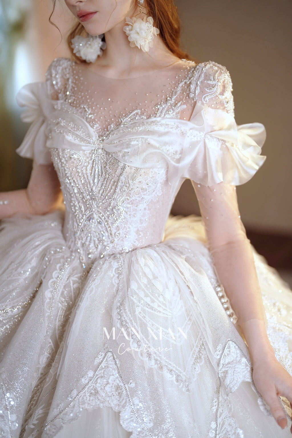 Ethereal Off-Shoulder Crystal Ball Gown Wedding Dress with Cathedral Train & Lace Appliqués