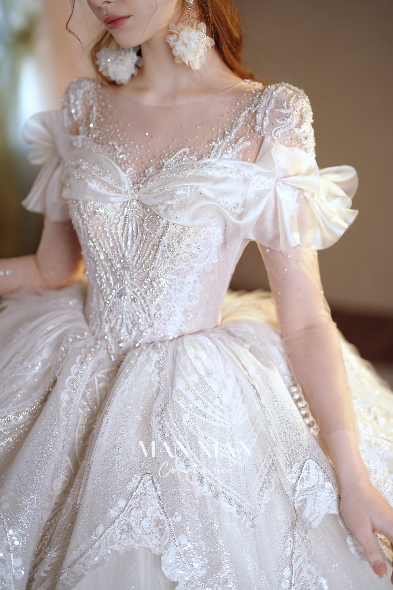 Ethereal Off-Shoulder Crystal Ball Gown Wedding Dress with Bow Detail & Cathedral Train