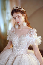 Ethereal Off-Shoulder Crystal Ball Gown Wedding Dress with Bow Detail & Cathedral Train