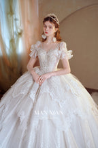 Ethereal Off-Shoulder Crystal Ball Gown Wedding Dress with Bow Detail & Cathedral Train