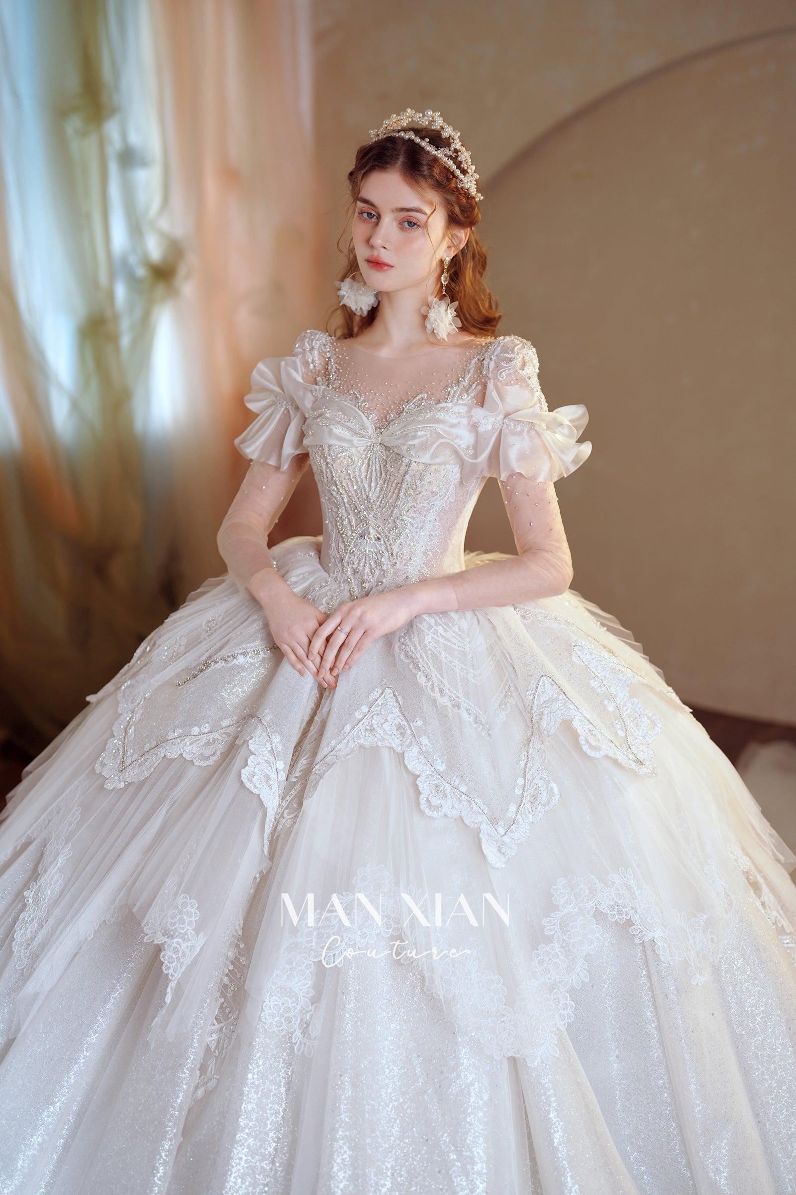 Ethereal Off-Shoulder Crystal Ball Gown Wedding Dress with Bow Detail & Cathedral Train