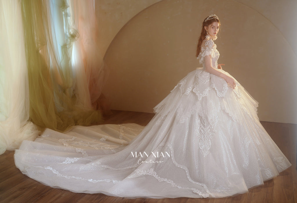 Ethereal Off-Shoulder Crystal Ball Gown Wedding Dress with Cathedral Train & Lace Appliqués