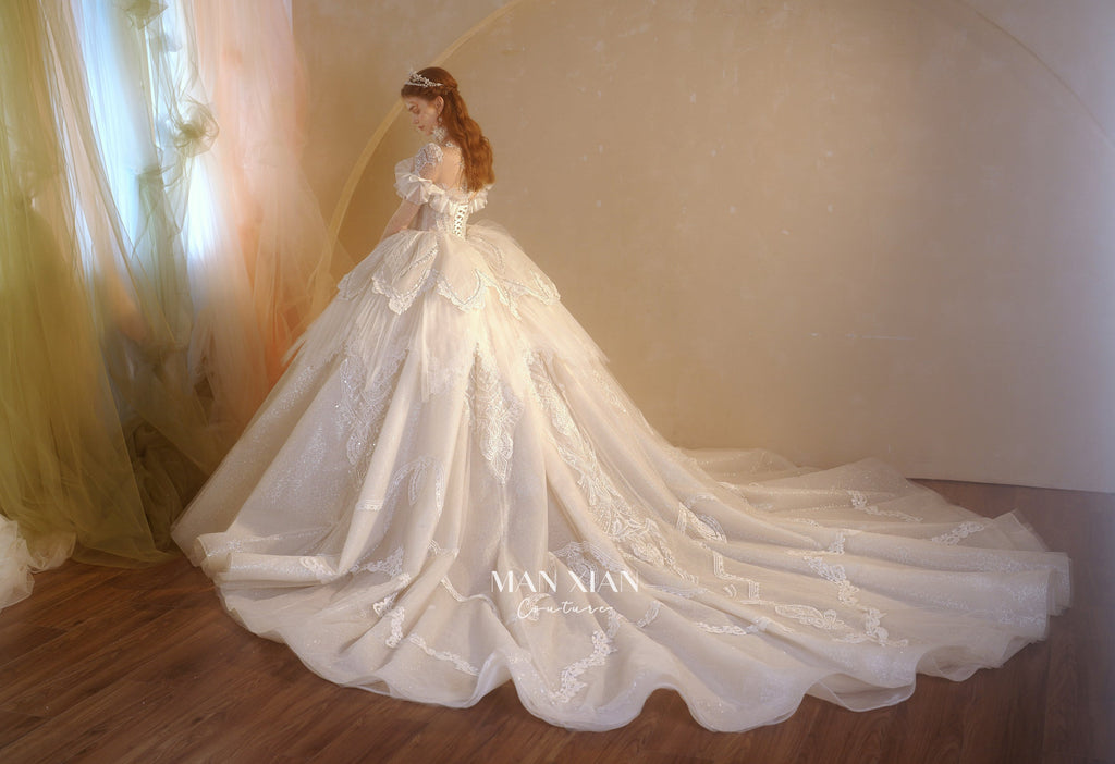 Ethereal Off-Shoulder Crystal Ball Gown Wedding Dress with Cathedral Train & Lace Appliqués