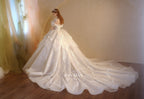 Ethereal Off-Shoulder Crystal Ball Gown Wedding Dress with Cathedral Train & Lace Appliqués