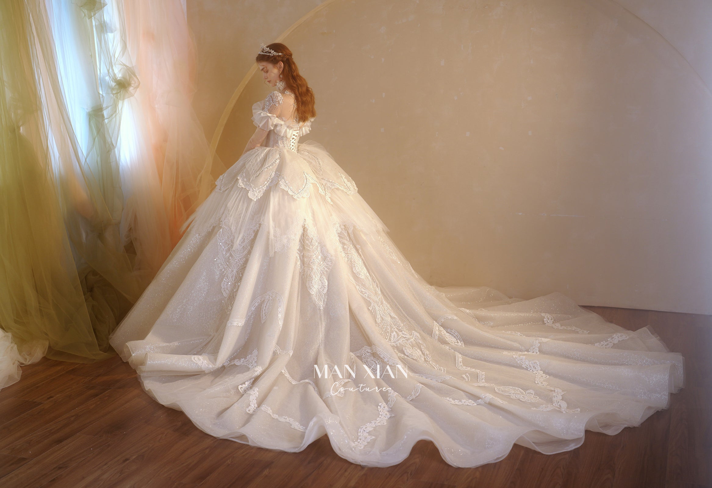 Ethereal Off-Shoulder Crystal Ball Gown Wedding Dress with Bow Detail & Cathedral Train