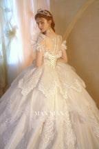 Ethereal Off-Shoulder Crystal Ball Gown Wedding Dress with Cathedral Train & Lace Appliqués
