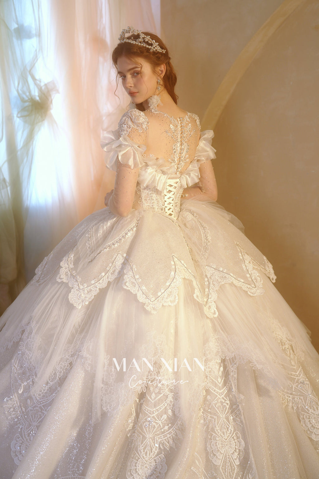 Ethereal Off-Shoulder Crystal Ball Gown Wedding Dress with Bow Detail & Cathedral Train