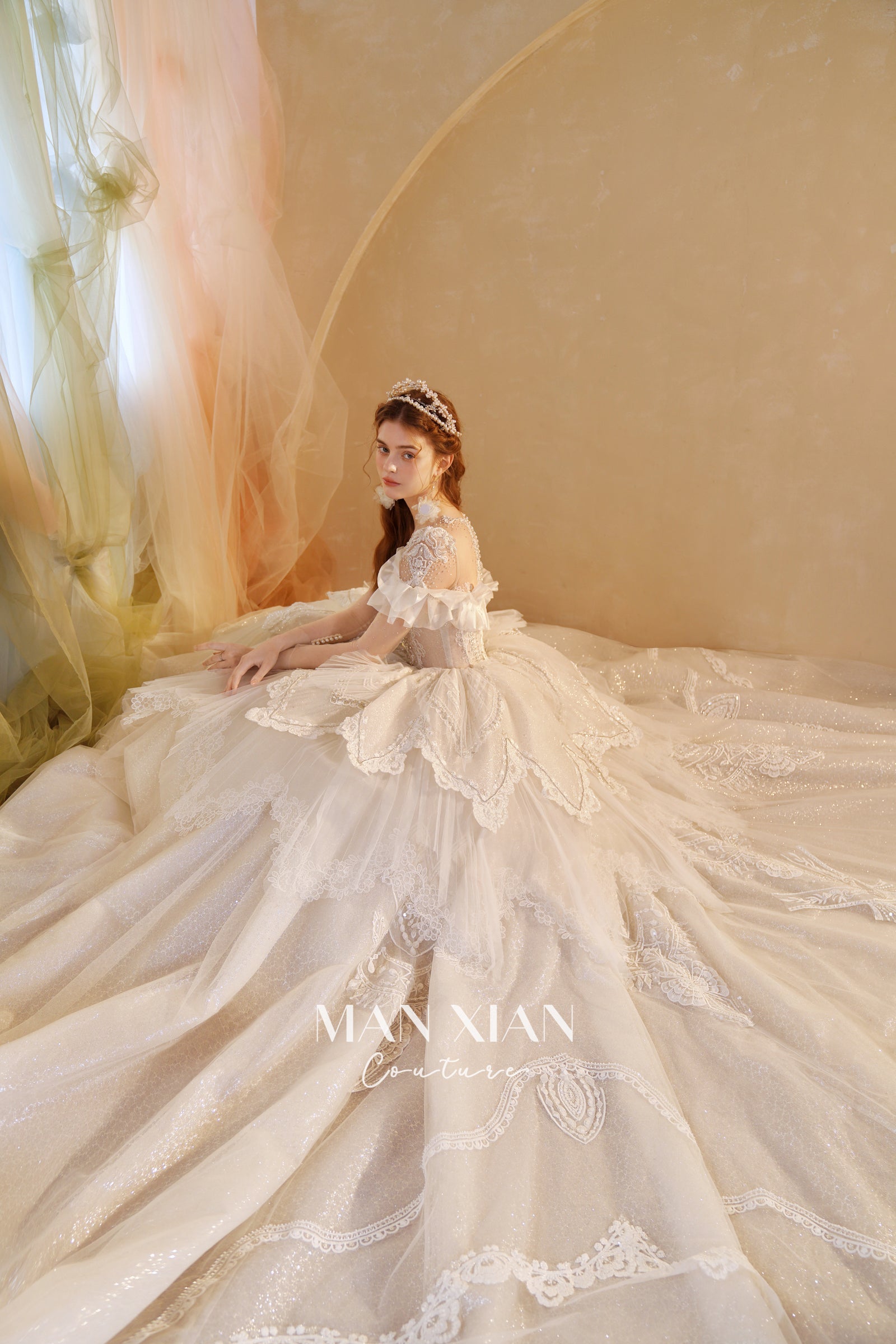 Ethereal Off-Shoulder Crystal Ball Gown Wedding Dress with Cathedral Train & Lace Appliqués