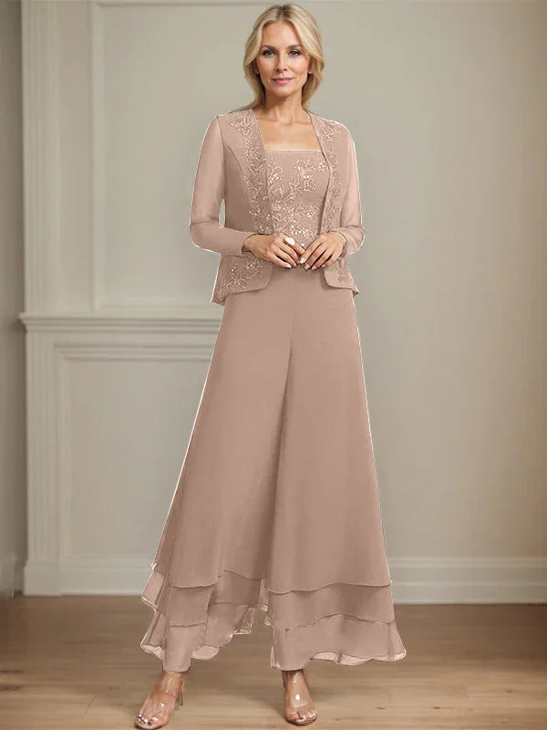 Separates Jumpsuit/Pantsuit Square Ankle-Length Lace Chiffon Mother of the Bride Dress With Sequins