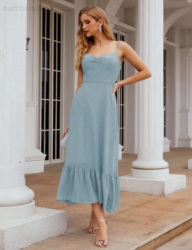 Spaghetti Strap Chiffon Bridesmaid Dress Ankle Length Formal A Line Cocktail Party Homecoming Dress for Juniors  SEA28028