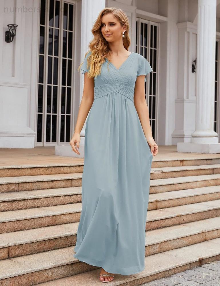 Chiffon Bridesmaid Dress Cap Sleeves Maxi Prom Gowns Party Wedding Mother of The Bride Dresses for Women SEA28047