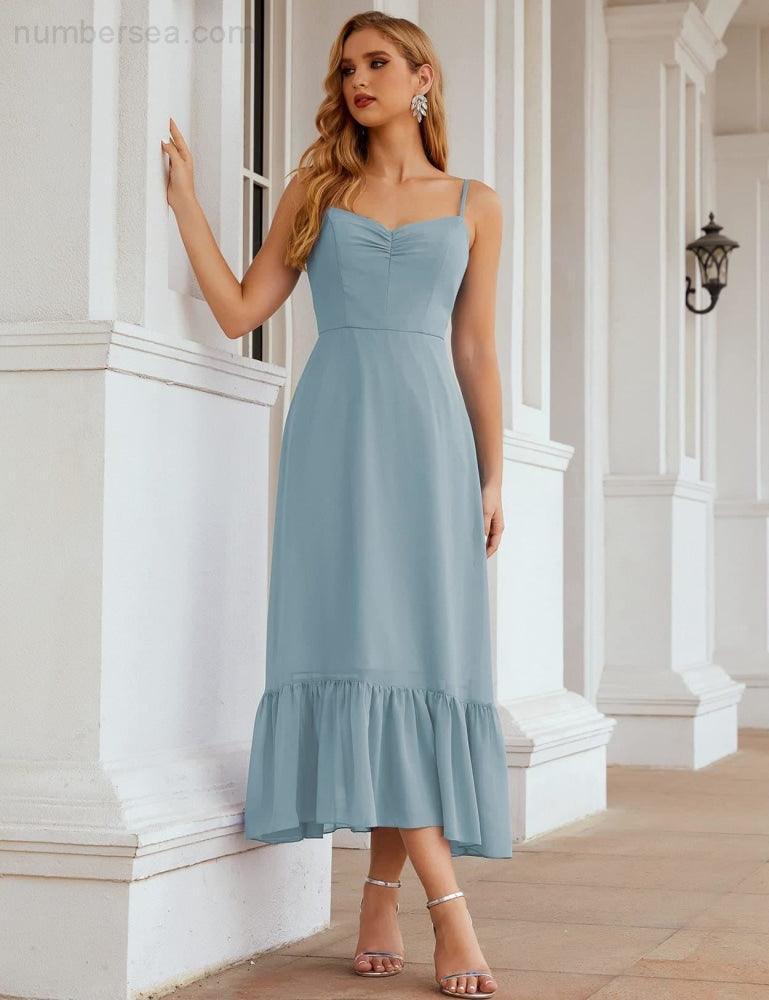 Spaghetti Strap Chiffon Bridesmaid Dress Ankle Length Formal A Line Cocktail Party Homecoming Dress for Juniors  SEA28028