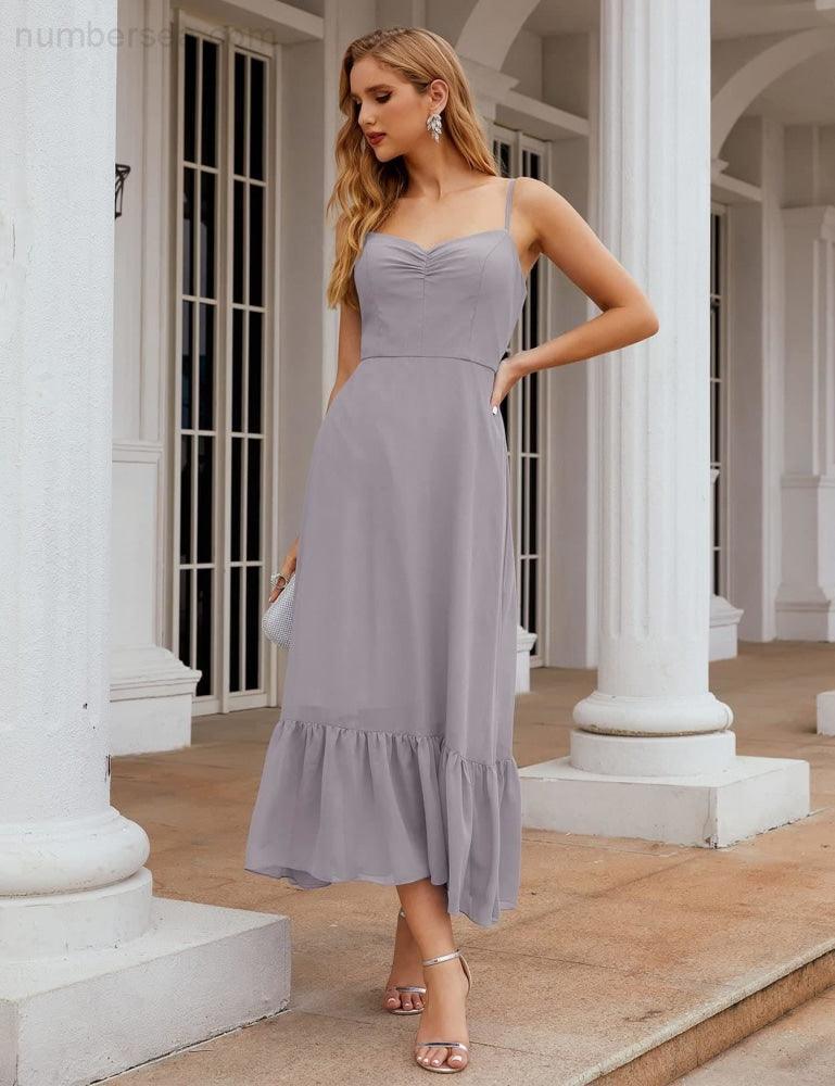 Spaghetti Strap Chiffon Bridesmaid Dress Ankle Length Formal A Line Cocktail Party Homecoming Dress for Juniors  SEA28028