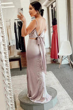 Dusty Pink Cow Neck Tie-Back Sheath Bridesmaid Dress BD127
