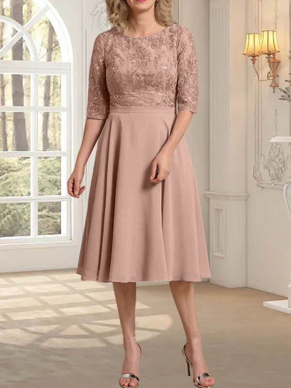 A-line Scoop Knee-Length Lace Chiffon Mother of the Bride Dress