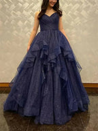 Shiny V Neck Navy Blue Tulle Long Prom Dress Navy Blue Formal Evening Dresses Long Y4895