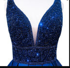Women's Long Evening Dress Navy Blue V-Neck Sleeveless Open Back Beaded Formal Evening Dress Y1193