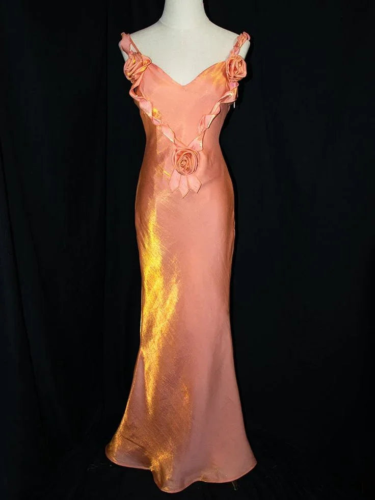 Charming Satin Flowers Long Mermaid Evening Dress Formal Prom Dress Y8219