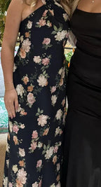 Pretty Halter Navy Blue Satin Print Long Prom Dress Evening Dress Y8453