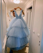 Elegant Sky Blue V-neck A-line Backless Long Prom Dress Evening Dress Y4813