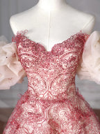Pretty Tulle Beaded Red A Line Off The Shoulder Prom Dress Evening Dress Formal Birthday Ball Gown Y8621