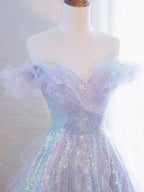 Purple Off Shoulder Sequin Tulle Long Prom Dress Formal Evening Dresses Y5864