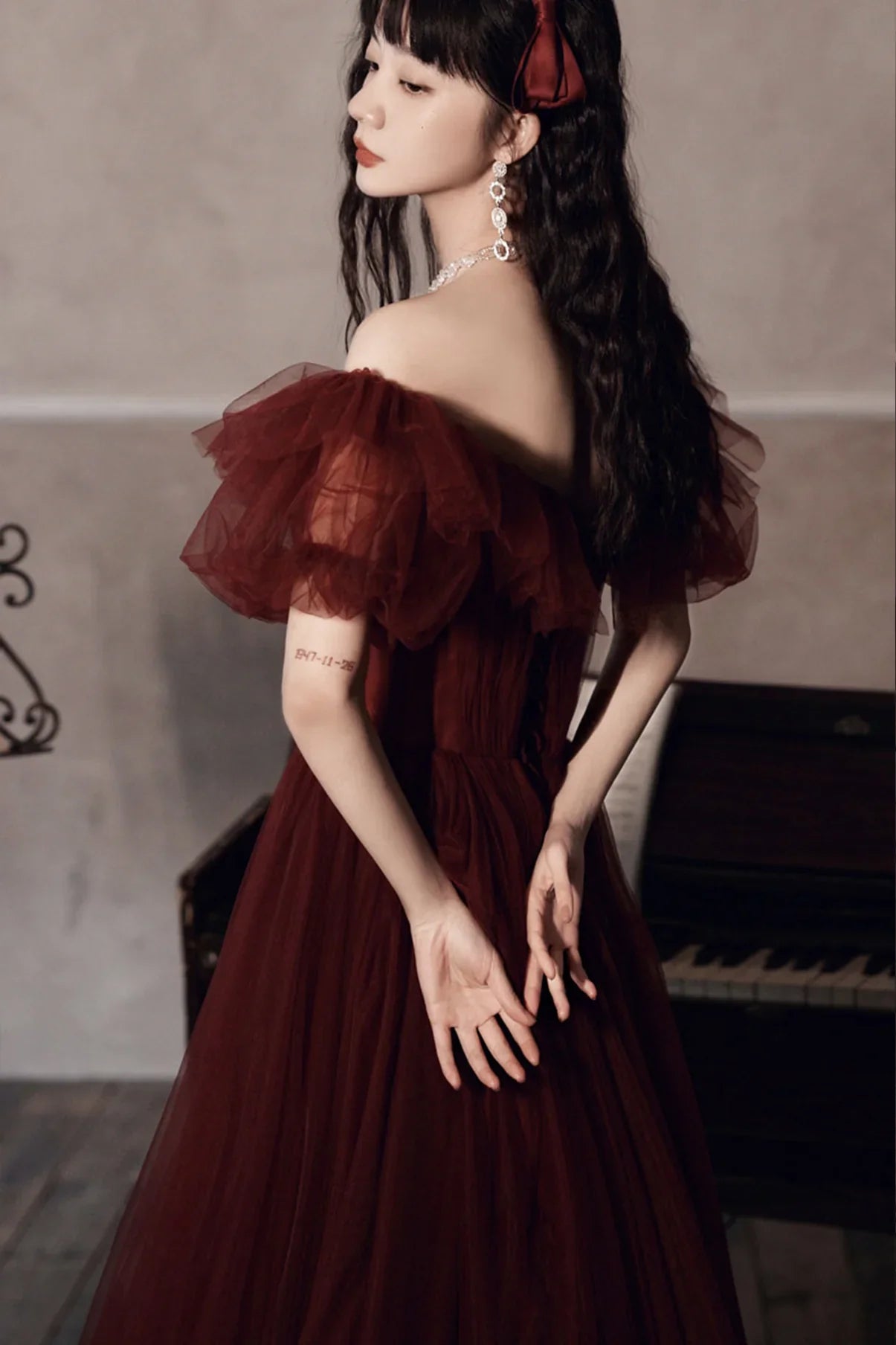 Burgundy Off The Shoulder Tulle Line Prom Dress Evening Dress Y8351