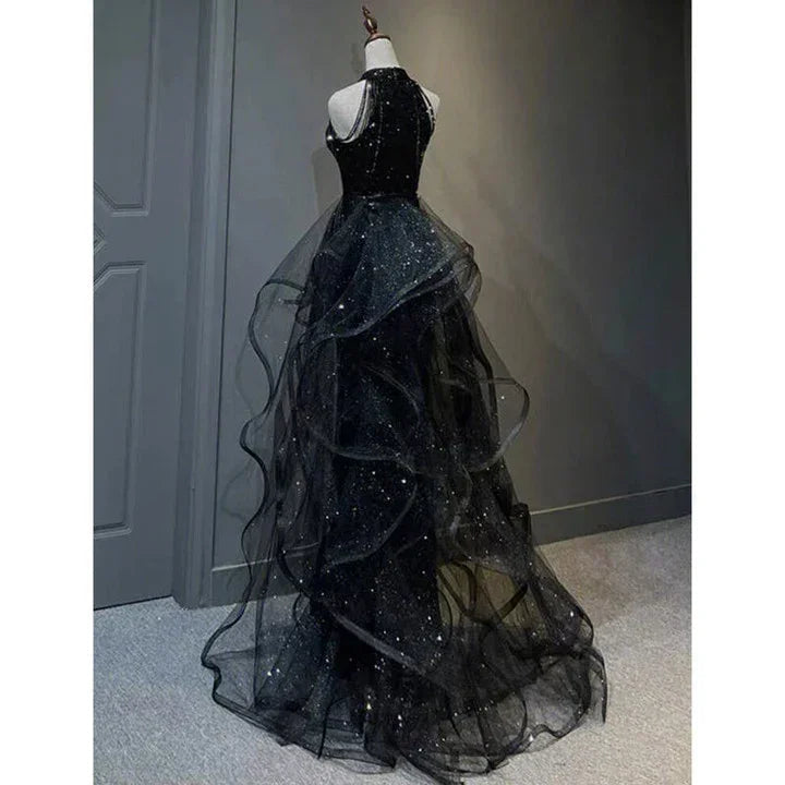 High Neckline Black Halter Shiny Tulle And Sequins Evening Dress, Black Tulle Prom Dress Y1864