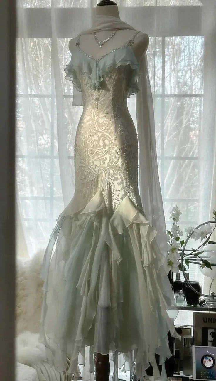 Classy Mint Green Temperament Mermaid Spaghetti Strap Chiffon Beaded Evening Dress Formal Prom Dress Y8546