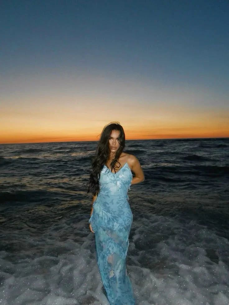 Pretty Blue Chiffon Print Evening Dress Spaghetti Straps V Neck Prom Dress Y8258