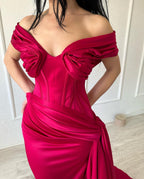 Elegant Long Mermaid Off-the-shoulder Sleeveless V-neck Satin Fuchsia Prom Dress