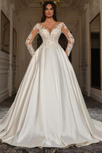 Elegant Long Sleeves A-line Sweetheart Satin Lace Wedding Dresses with Pockets