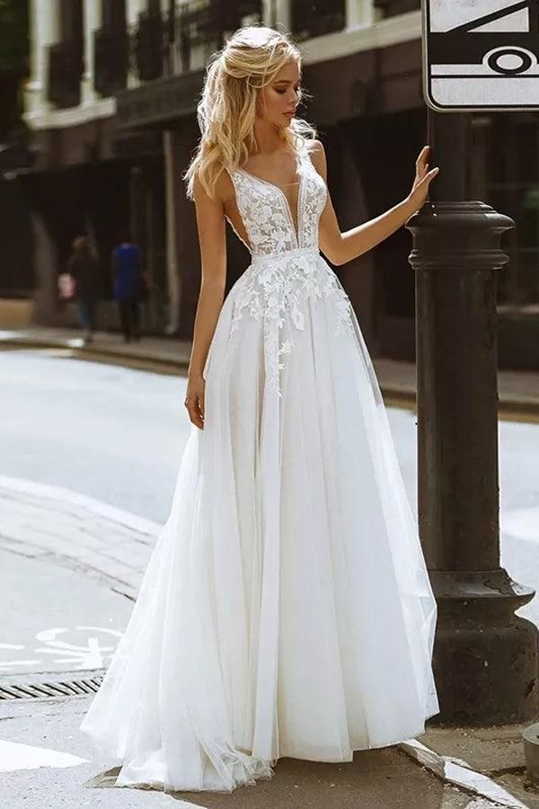 Elegant A-line V Neck Lace Beach Wedding Dresses Bridal Gown