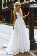 Elegant A-line V Neck Lace Beach Wedding Dresses Bridal Gown