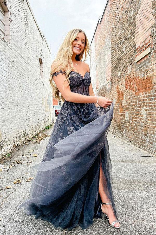 Elegant A Line Sweetheart Neck Tulle Lace Off Shoulder Long Prom Dress