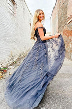 Elegant A Line Sweetheart Neck Tulle Lace Off Shoulder Long Prom Dress
