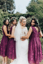 Elegant Lace V-Neckline Tea-length A-line Bridesmaid Dress  BD094