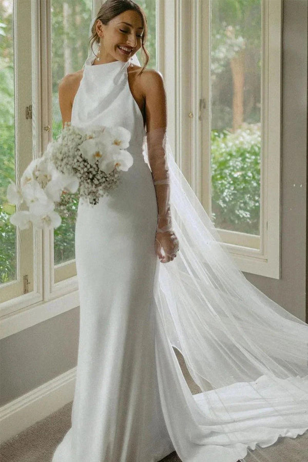 Elegant Mermaid Halter Modest Wedding Dress Simple Bridal Gown