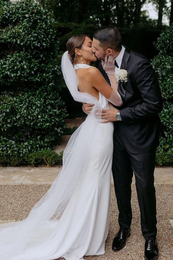 Elegant Mermaid Halter Modest Wedding Dress Simple Bridal Gown