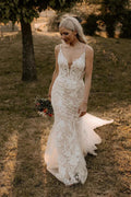 Elegant Mermaid V Neck Lace Long Wedding Dresses with Appliques