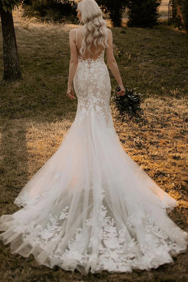 Elegant Mermaid V Neck Lace Long Wedding Dresses with Appliques