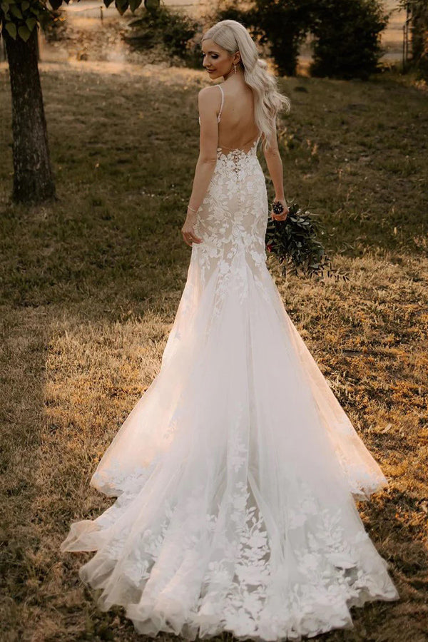 Elegant Mermaid V Neck Lace Long Wedding Dresses with Appliques