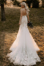 Elegant Mermaid V Neck Lace Long Wedding Dresses with Appliques