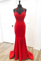 Elegant Red Halter Mermaid Prom Dress with Appliques
