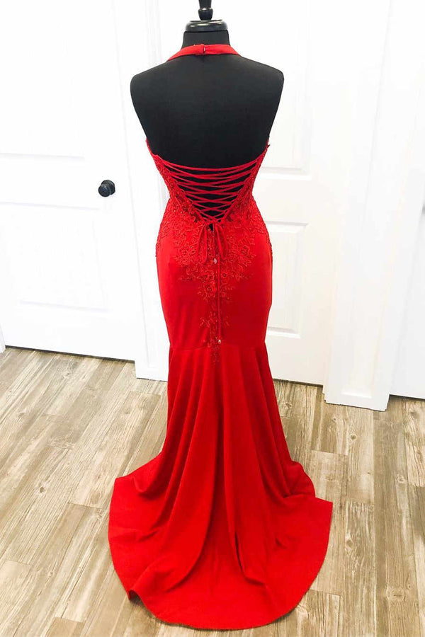 Elegant Red Halter Mermaid Prom Dress with Appliques
